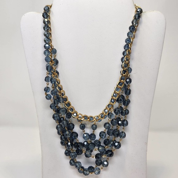 Multi Chain Layered Faceted Blue Bead Necklace Collar Statement Costume Jewelry - Picture 1 of 6